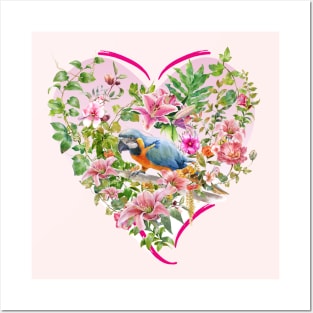 Pink Floral Heart with Blue Parrot Posters and Art